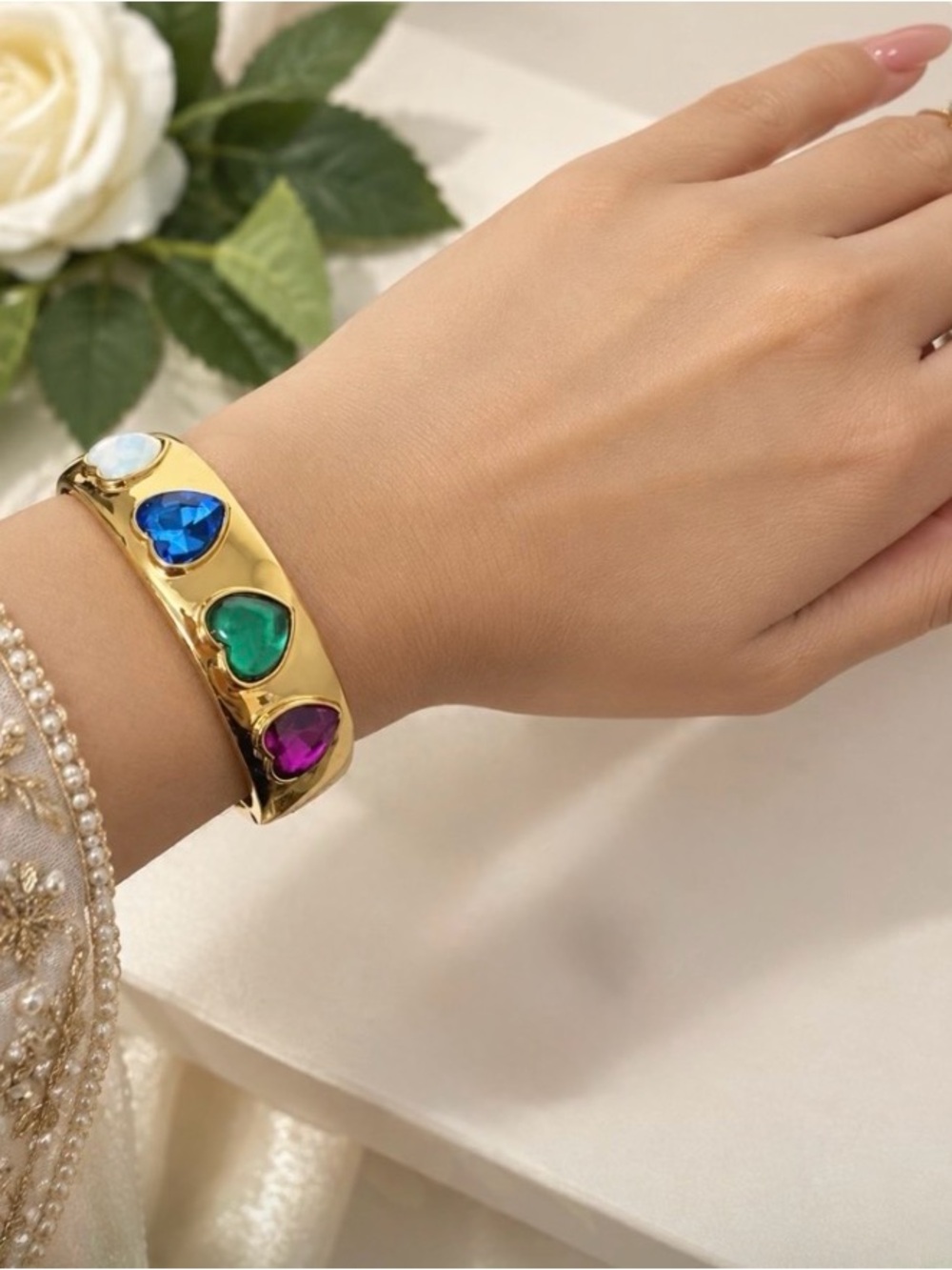 Kurt Geiger Gold-Tone Bangle with Purple, Green, Blue and Opal Hearts NEW